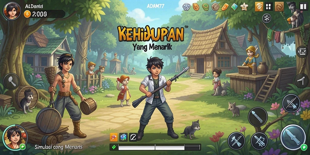 Screenshot gameplay ADAM77 menampilkan karakter melakukan aktivitas harian.